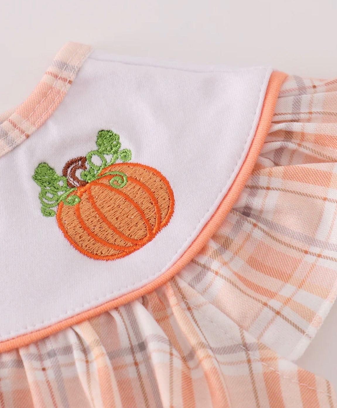 Girls Orange Pumpkin Embroidered Plaid Bubble