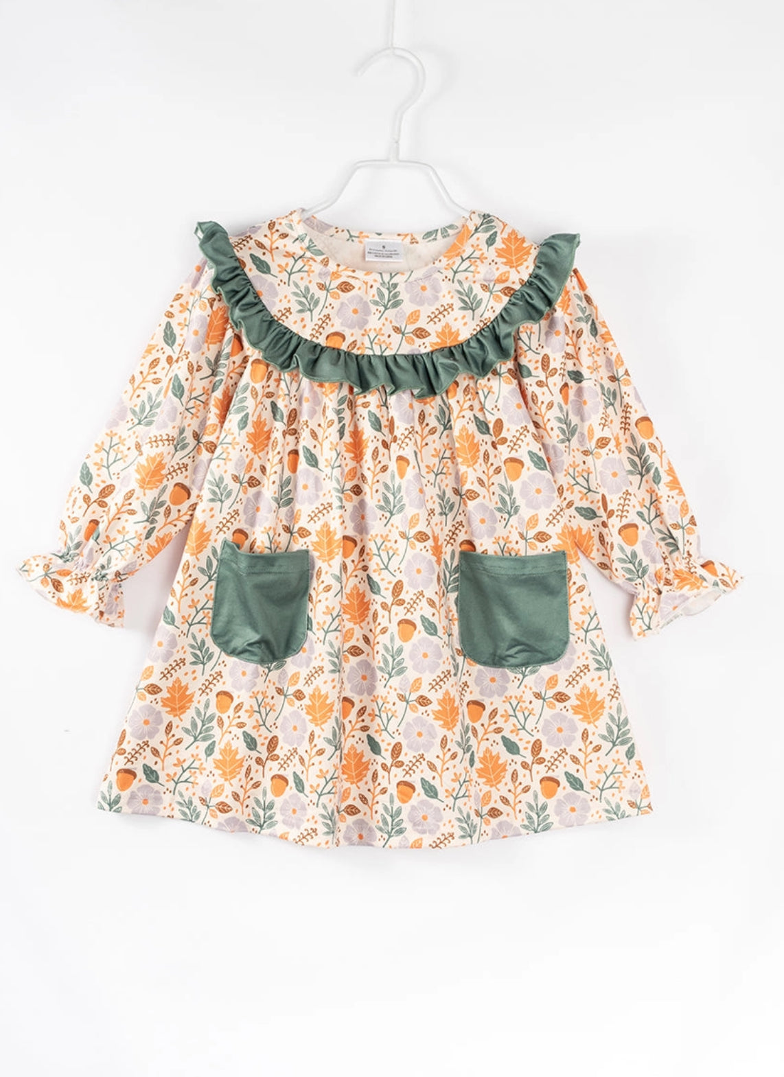Fall Green Pocket Floral Ruffle Dress