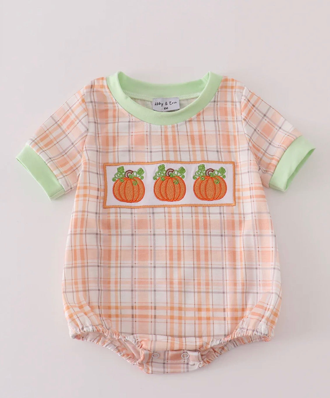 Orange Pumpkin Embroidered Plaid Bubble Romper