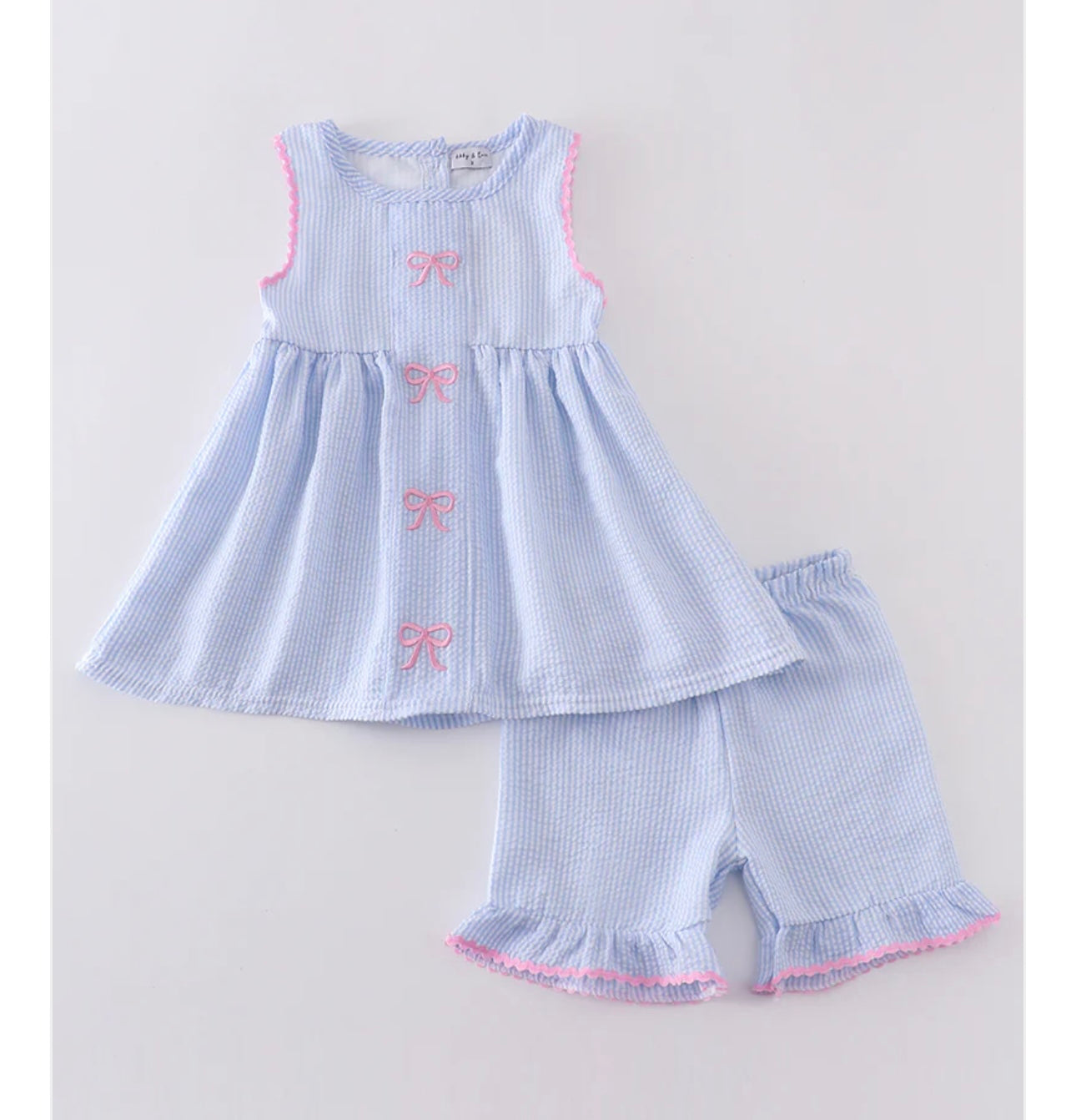 Blue Striped Seersucker Bow Embroidered Set