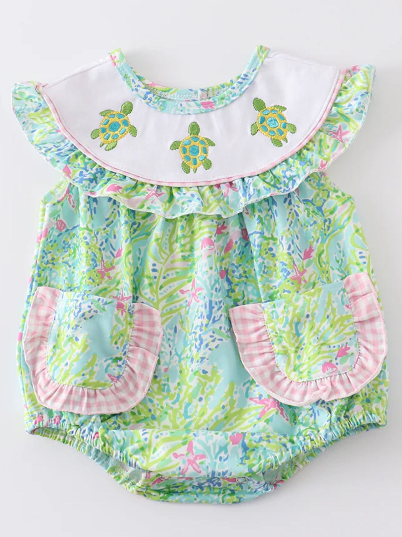 Green Turtle Embroidered Ruffle Bubble
