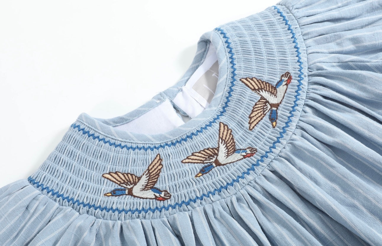 Blue Mallard Duck Smocked Bishop Dress