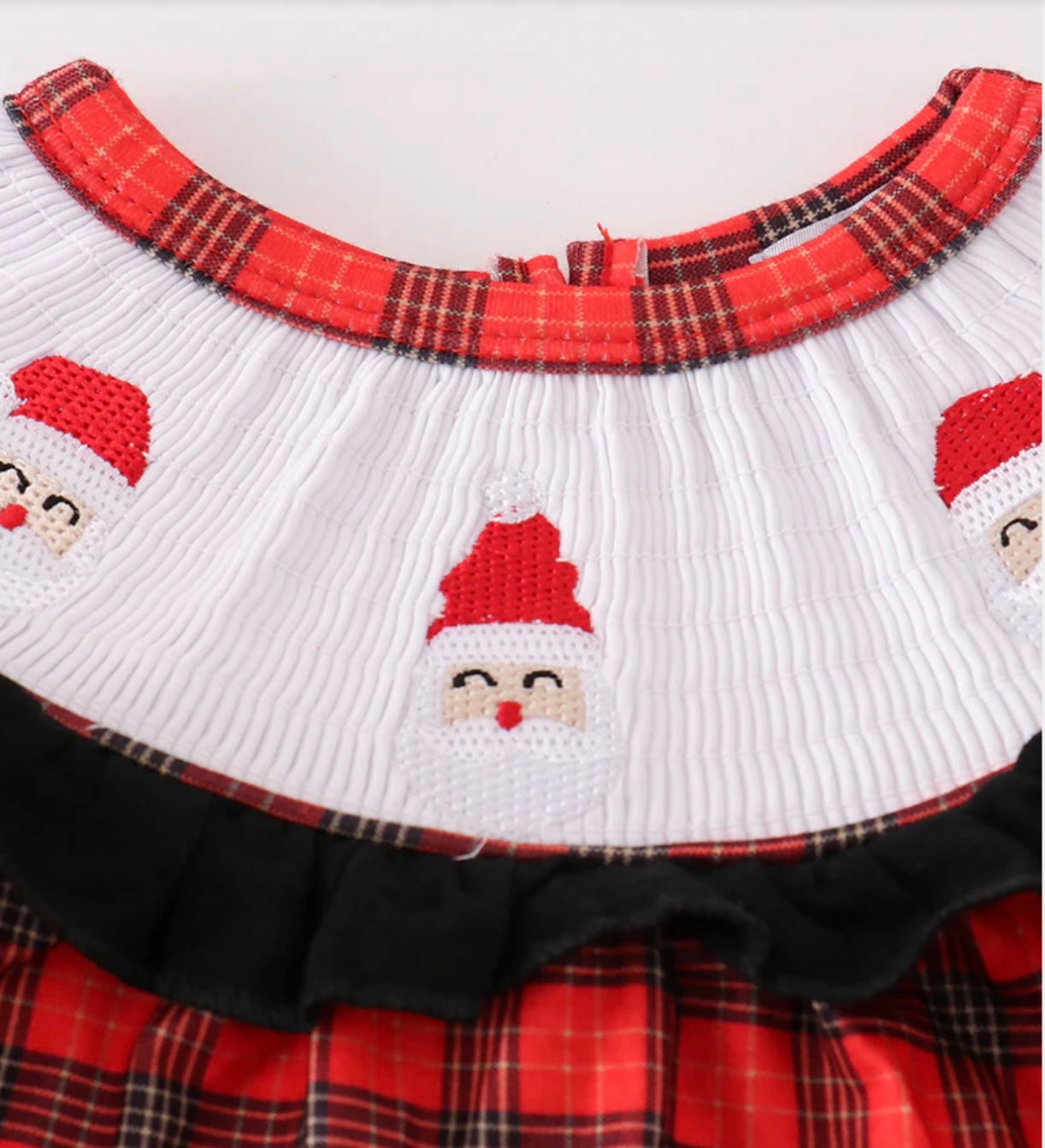 Red Santa Embroidery Smocked Plaid Romper