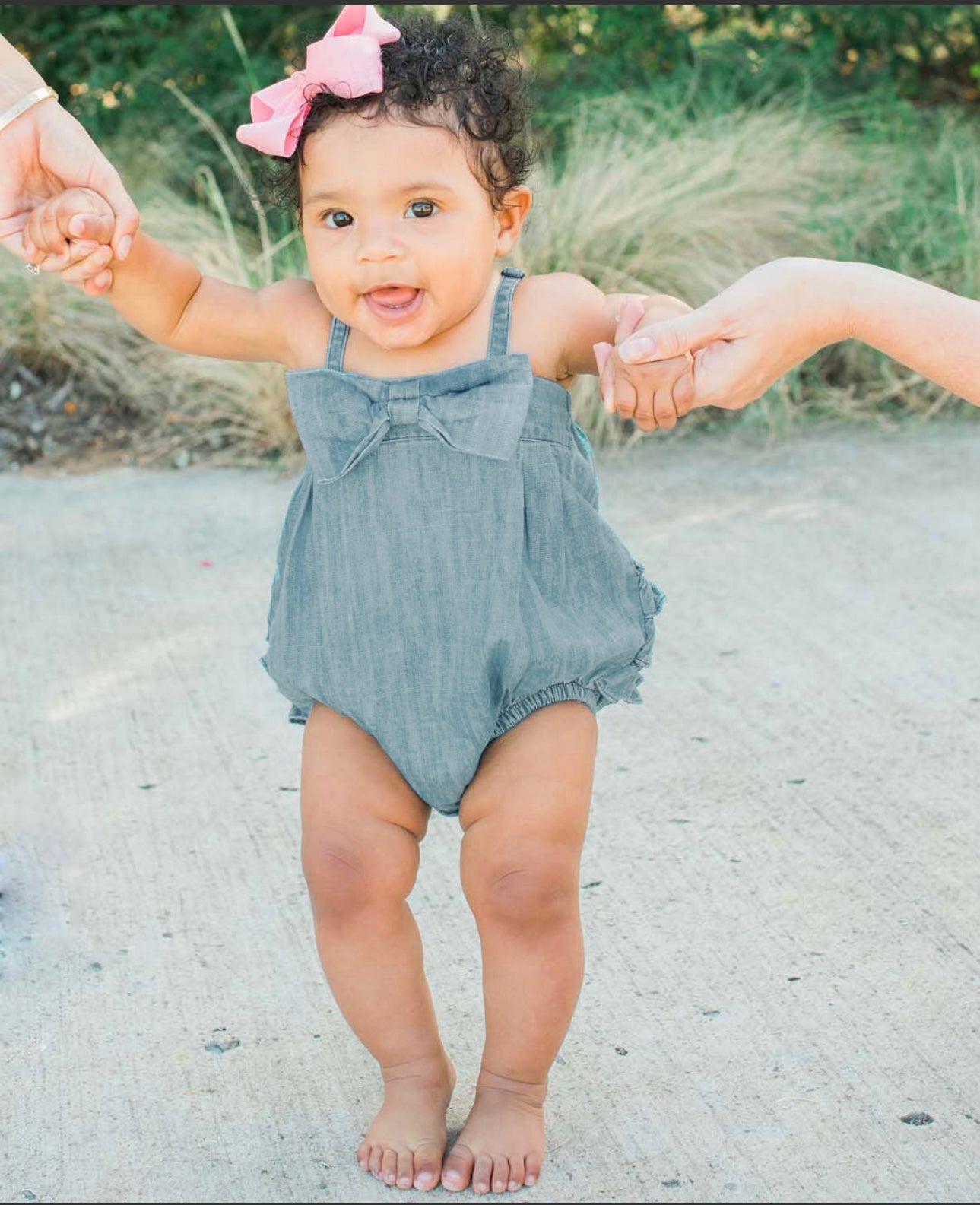 Light Wash Denim Bubble Woven Romper | Ruffle Butts