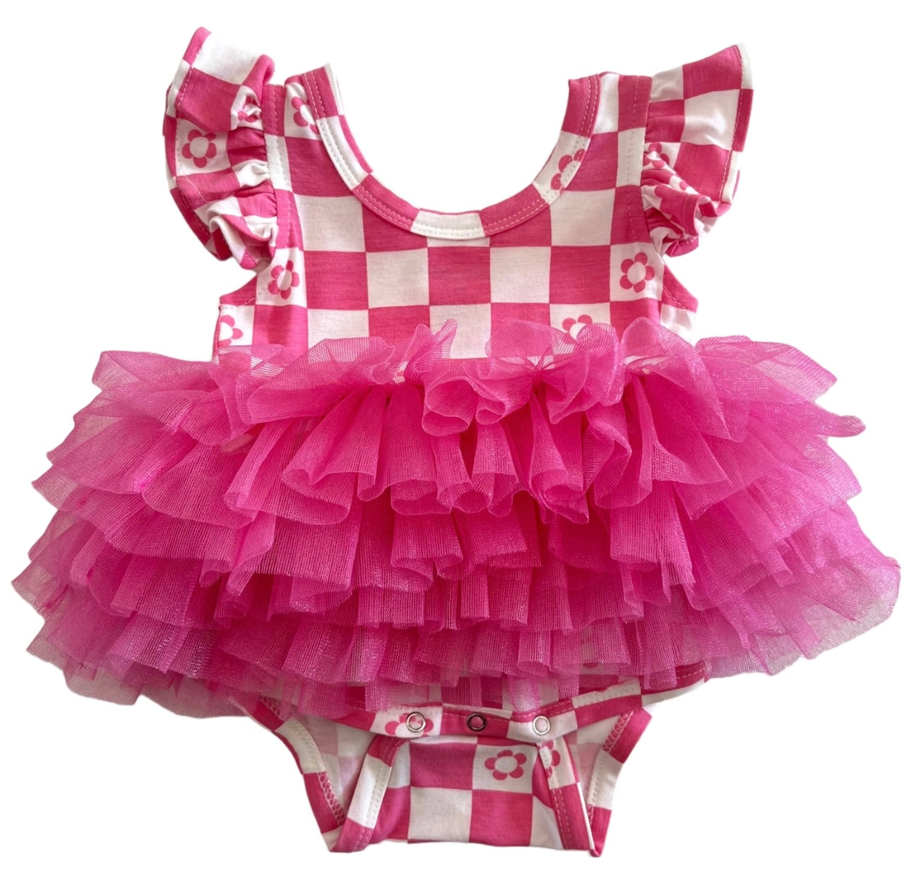 Ruffle Sleeve Tutu Body Suit | Pink Checkerboard