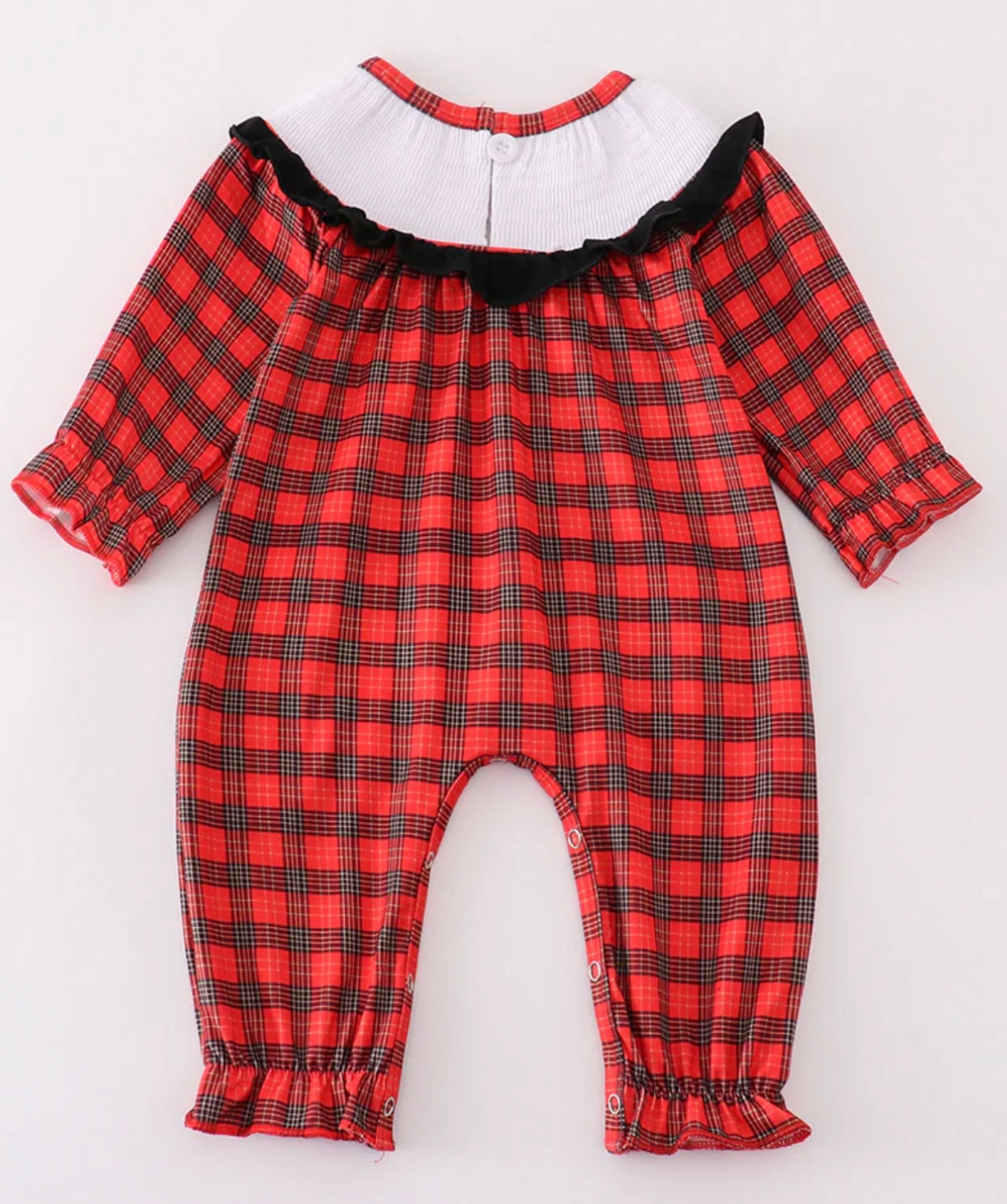 Red Santa Embroidery Smocked Plaid Romper