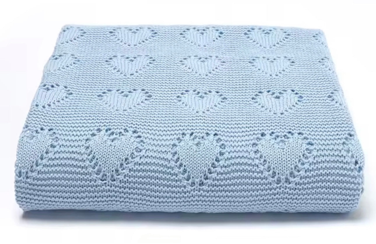 Heart Cotton Knit Blanket - Blue