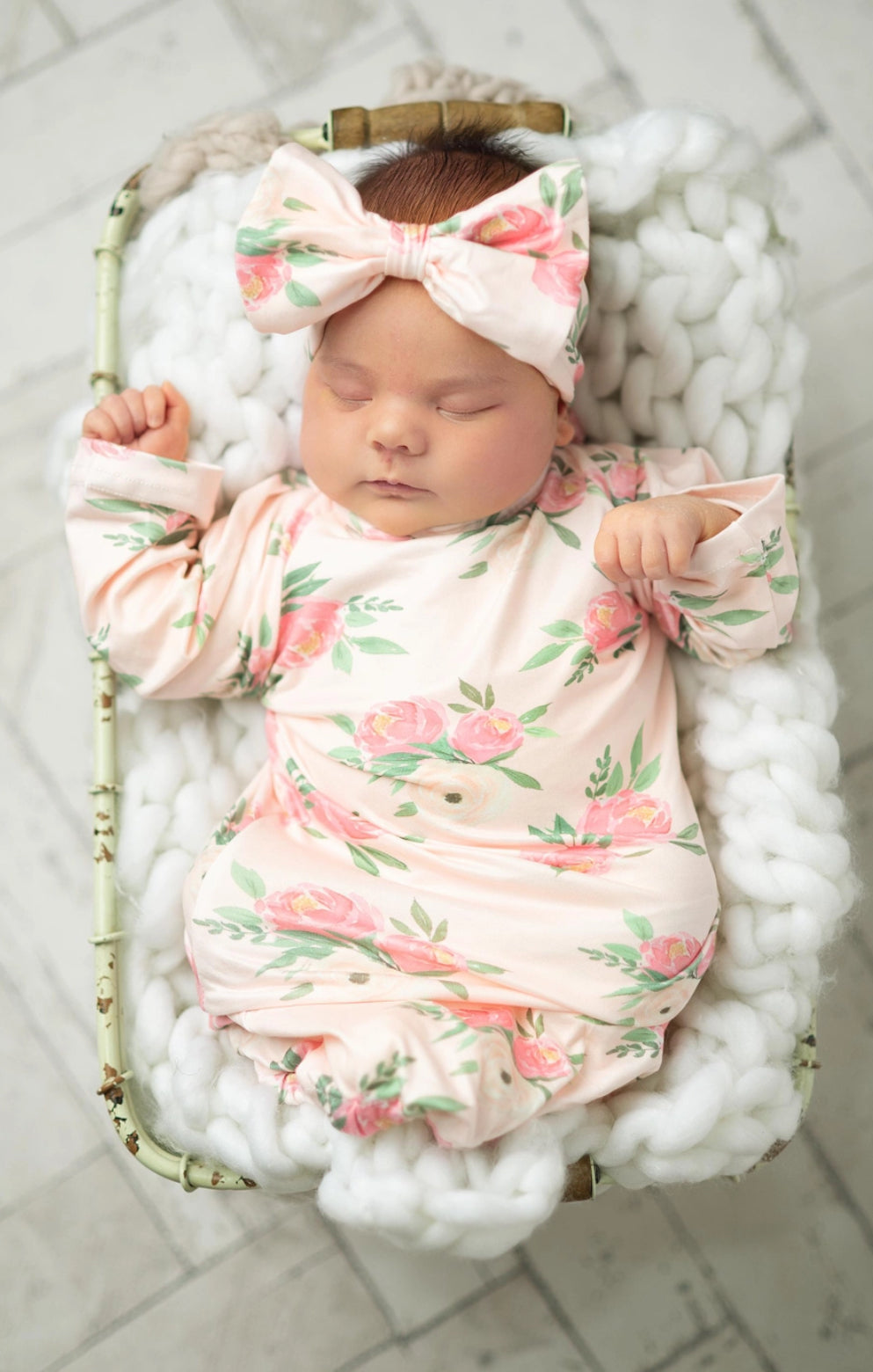 Infant Girls Pink Rose Baby Gown & Bow Set