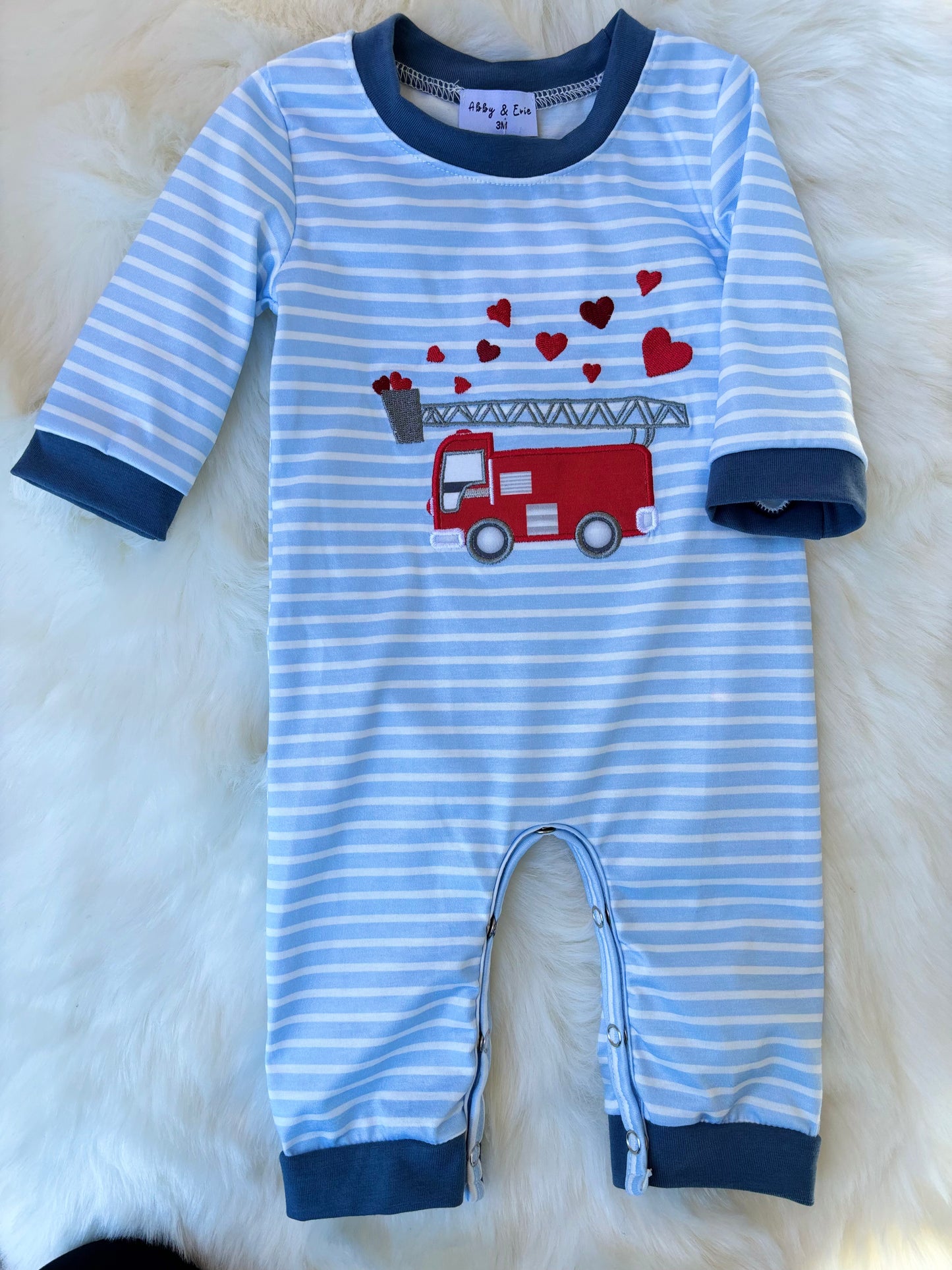 Fire Truck of Hearts Appliqué Boy Romper