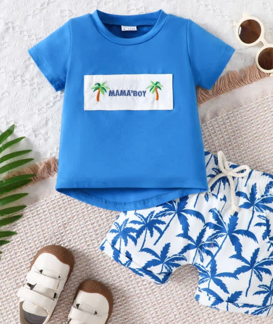 Blue Mama’s Boy Palm Tree Embroidered Set