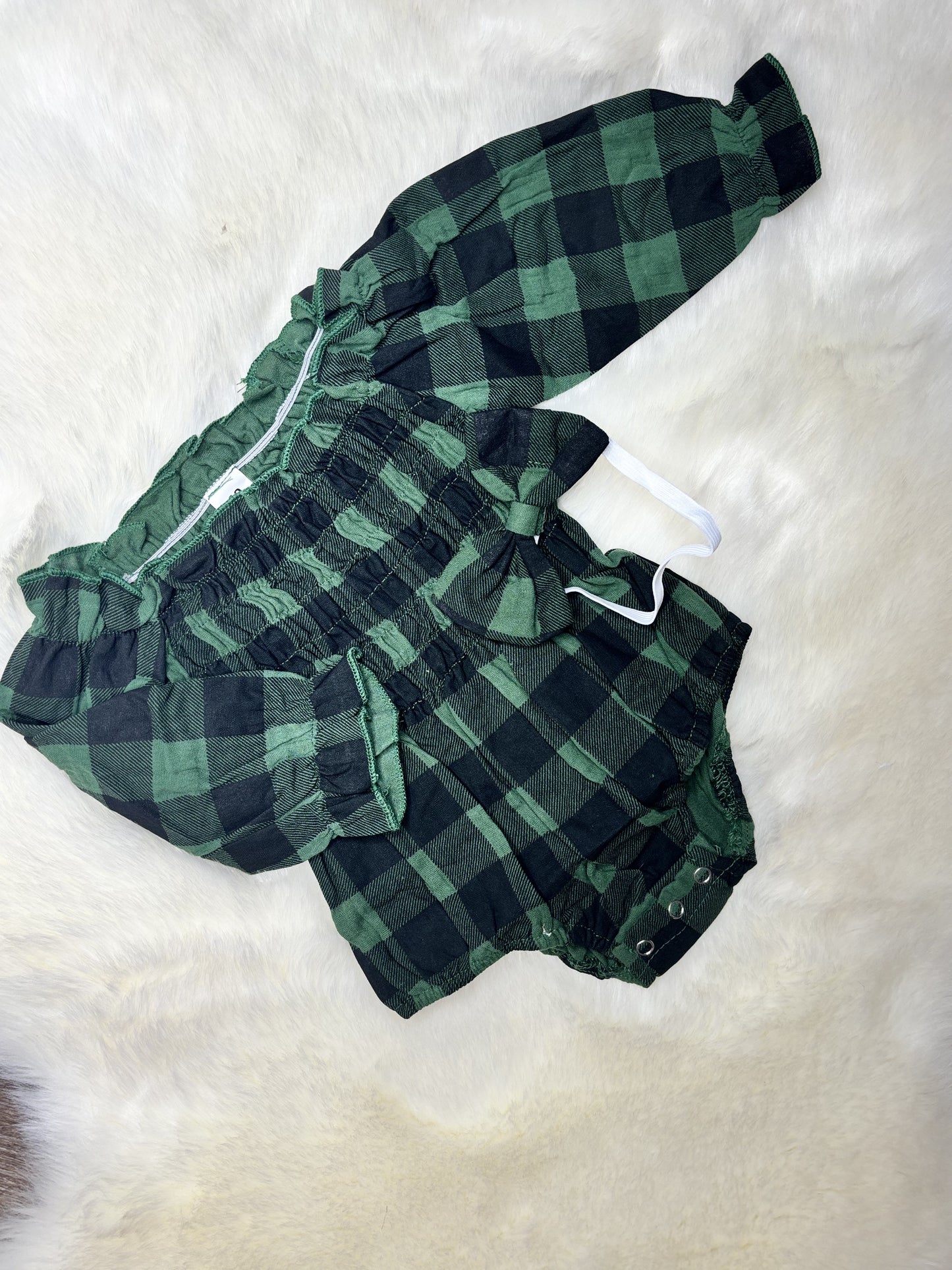 Plaid Romper & Bow Set | Green