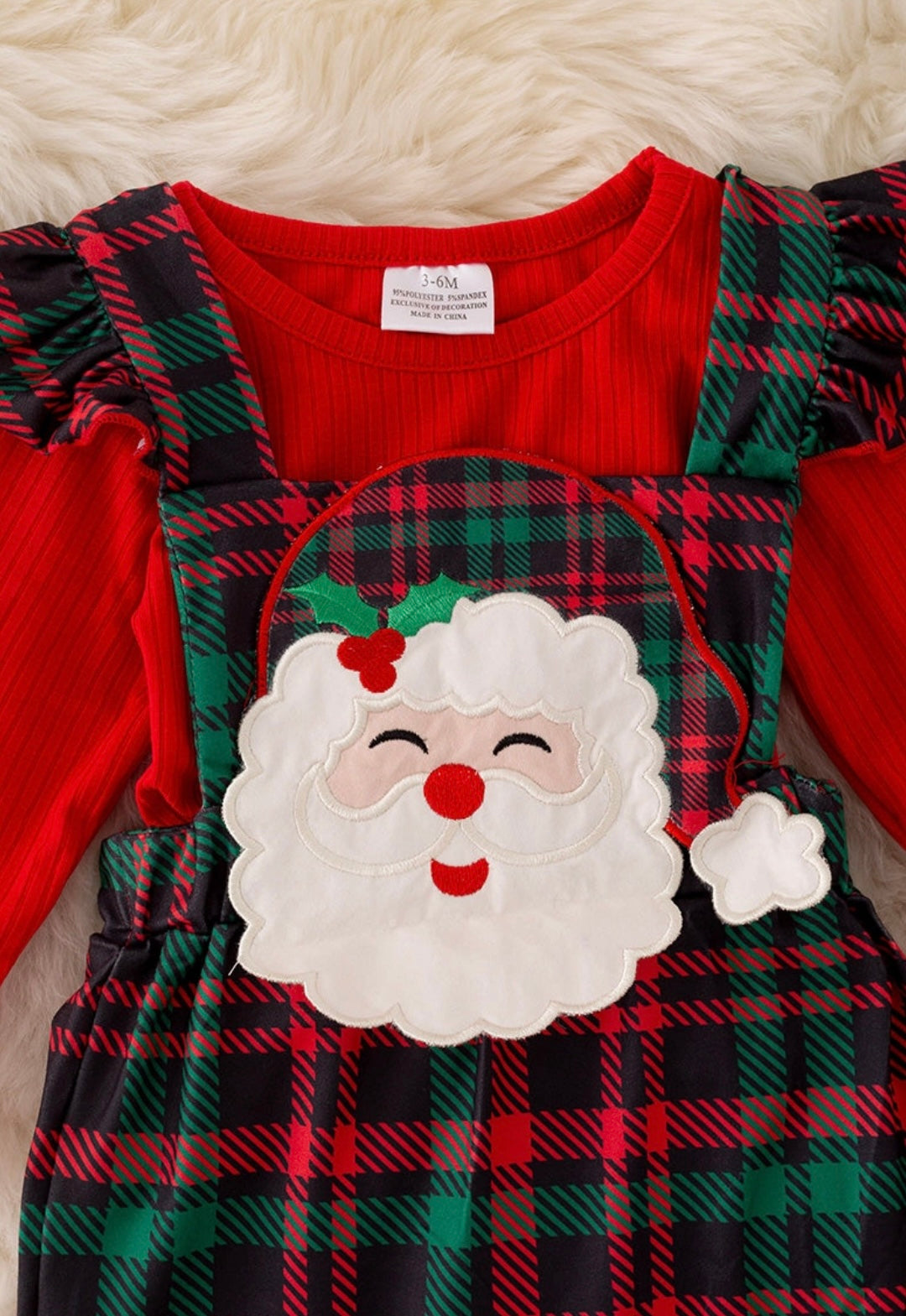 Red Ruffle Top & Plaid Santa Overalls