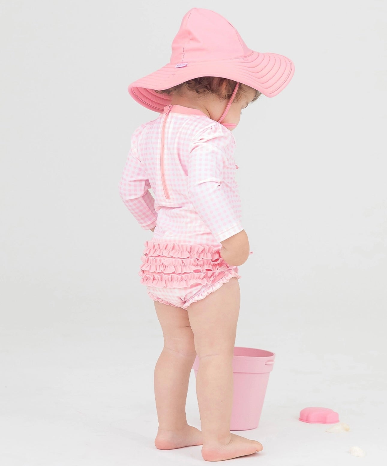 Pink Gingham Long Sleeve One Piece Rash Guard | Ruffle Butts