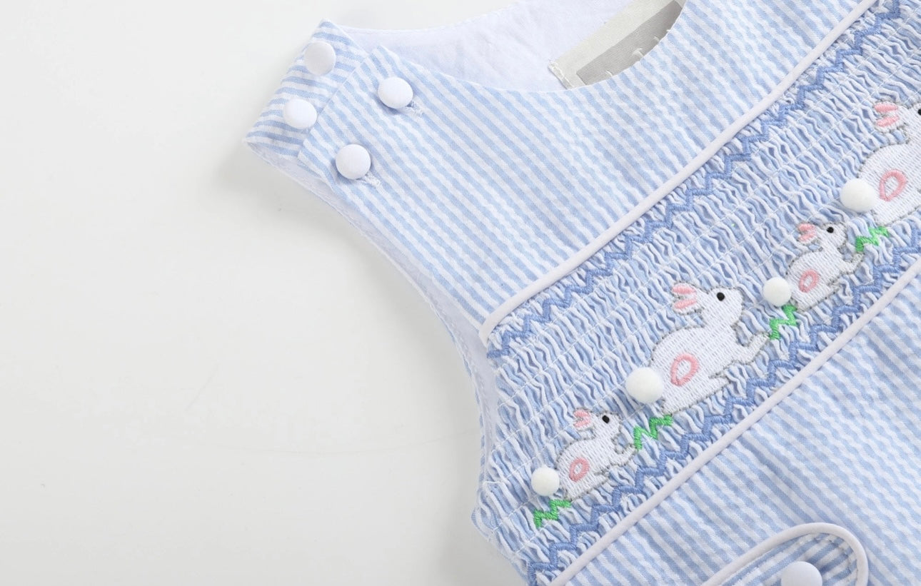 Lil Cactus Blue Seersucker Bunnies Smocked Shortall