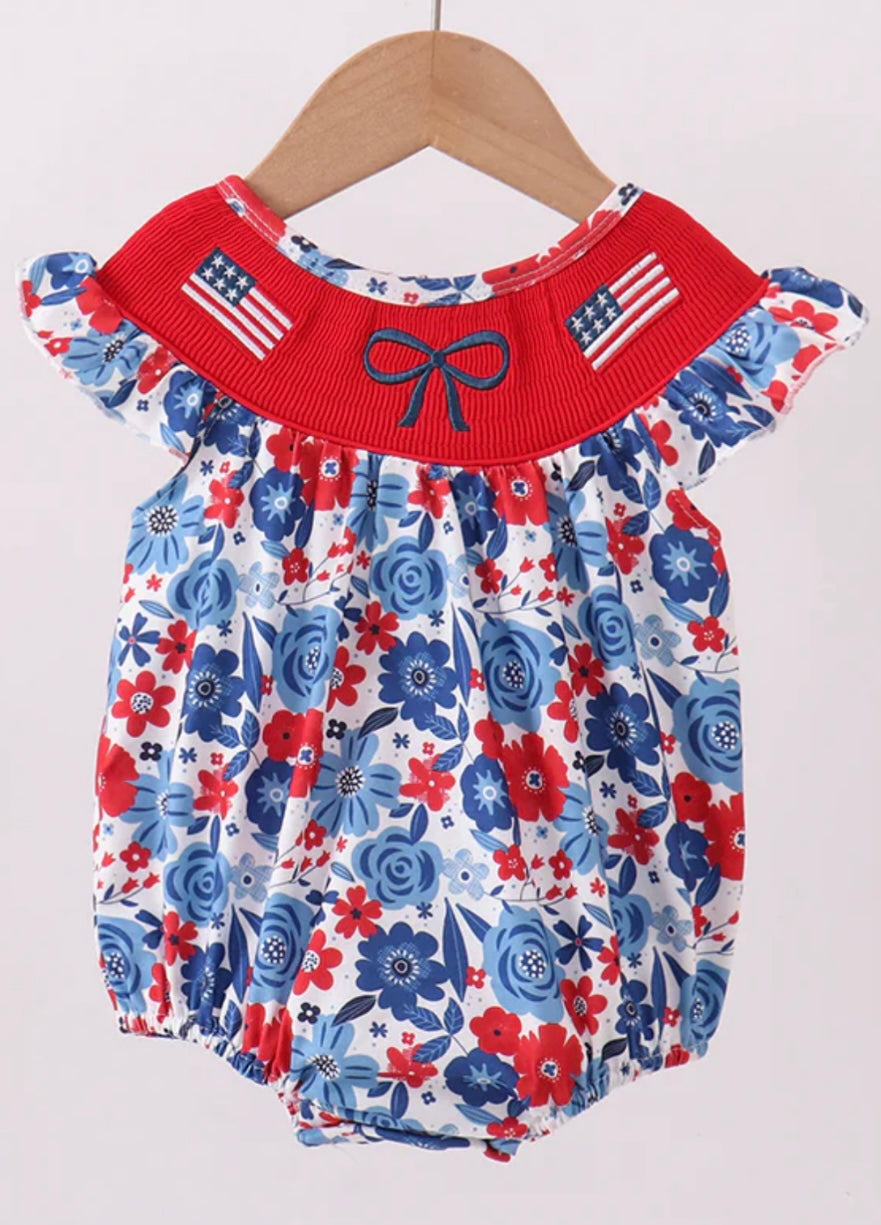 Blue Flag Bow Smocked Bubble