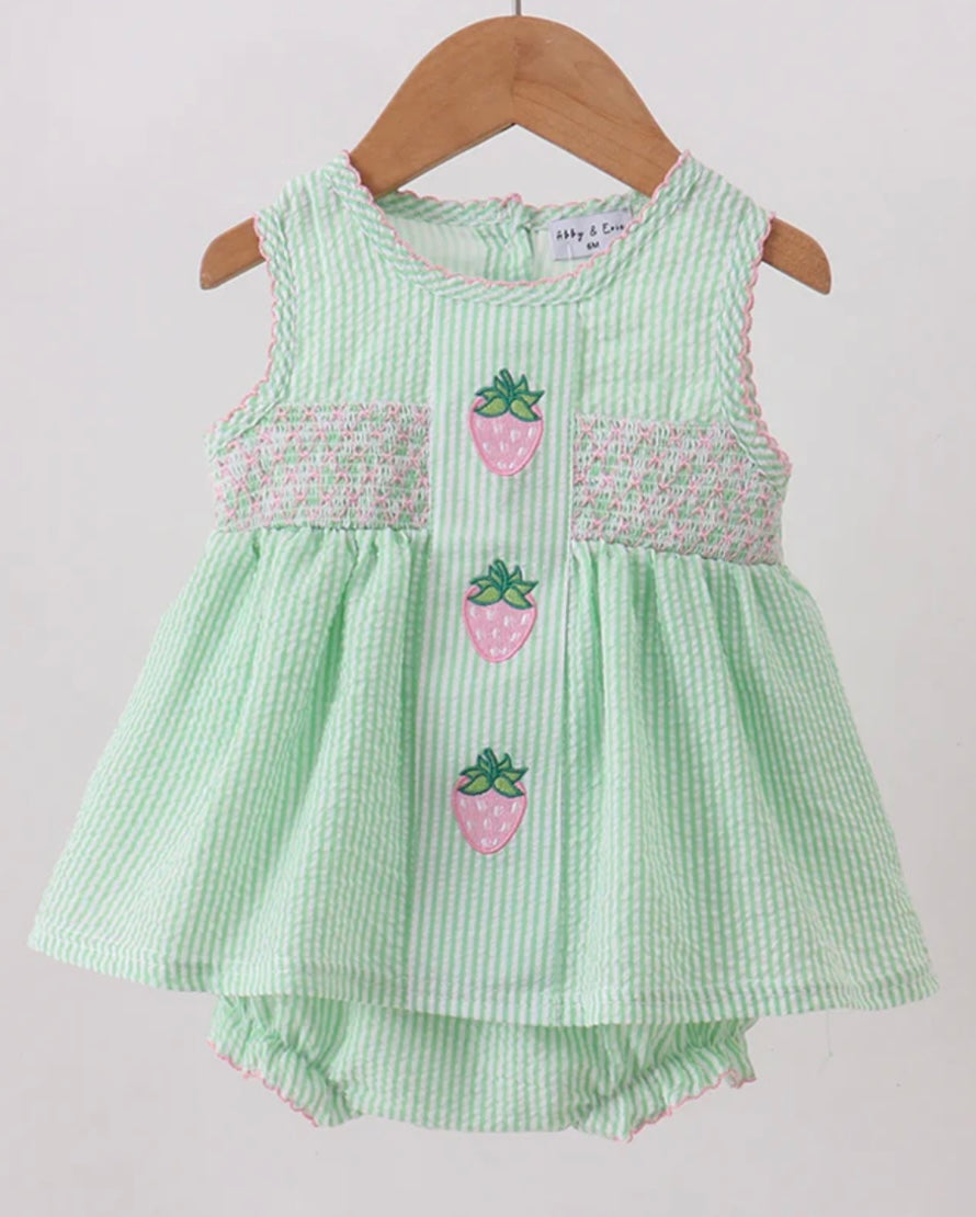 Green Strawberry Smocked Ruffle Bubble