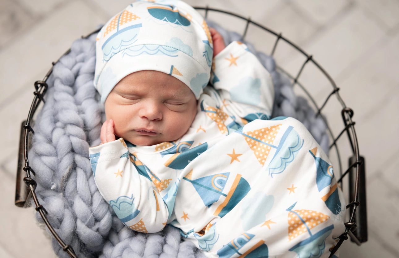 Infant Boys Blue Sail Boat Baby Gown & Hat