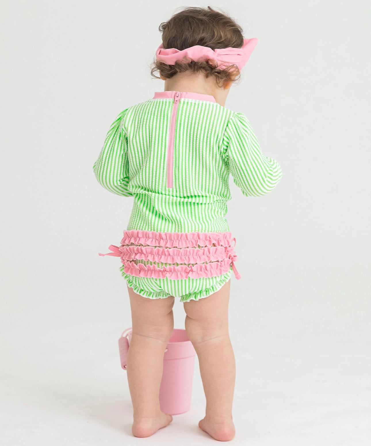 Spring Green Seersucker Long Sleeve Rash Guard Swimsuit