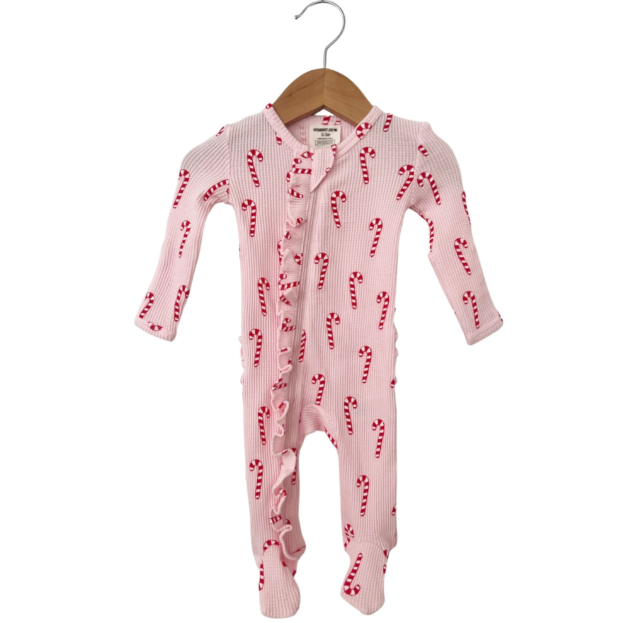 Pink Candy Cane Organic Waffle Zip Footie
