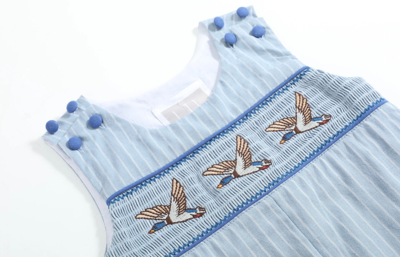Blue Pinstripe Mallard Duck Smocked Overalls