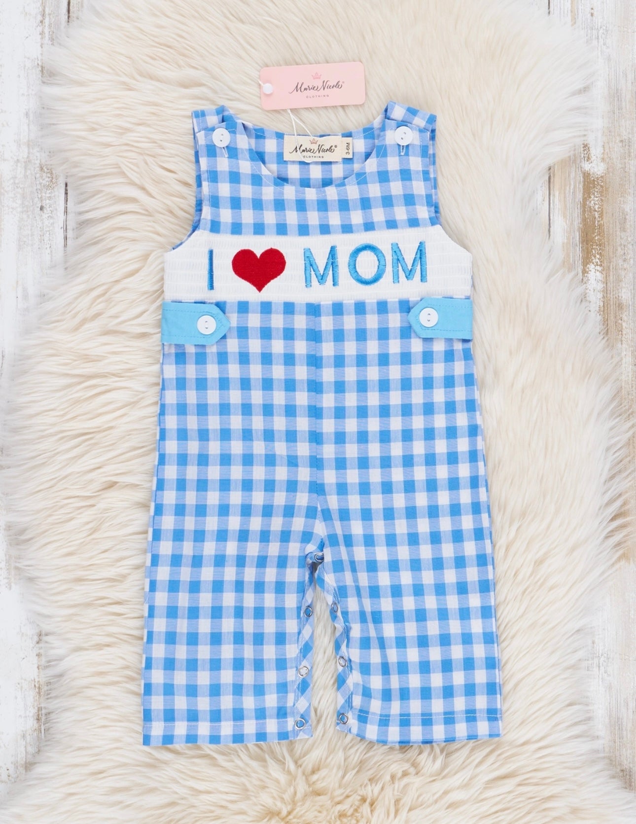 Blue Gingham Smocked Mom Love