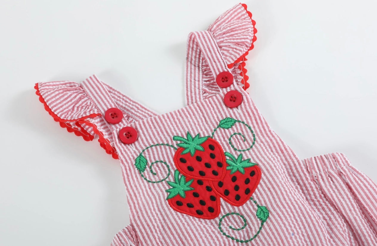 Red Seersucker Strawberry Ruffle Romper