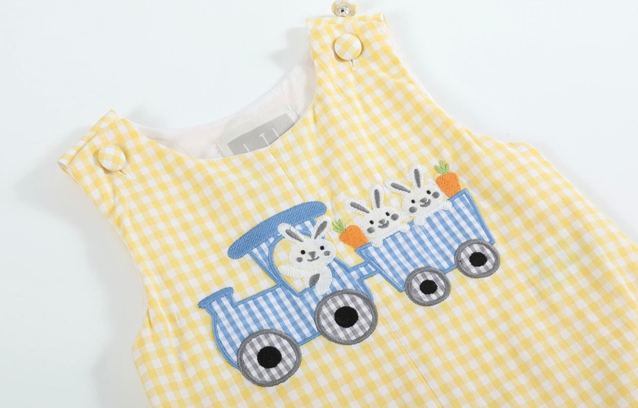Yellow Gingham Bunny Train Shortalls