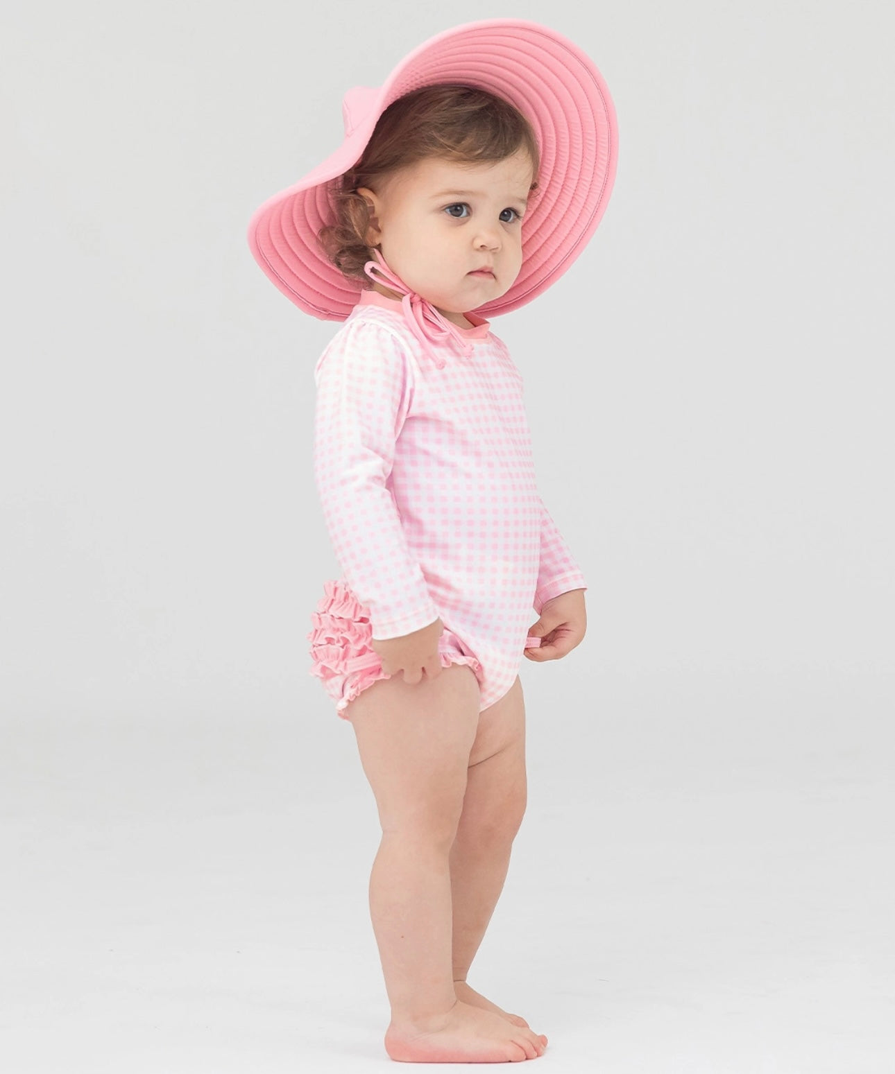 Pink Gingham Long Sleeve One Piece Rash Guard | Ruffle Butts