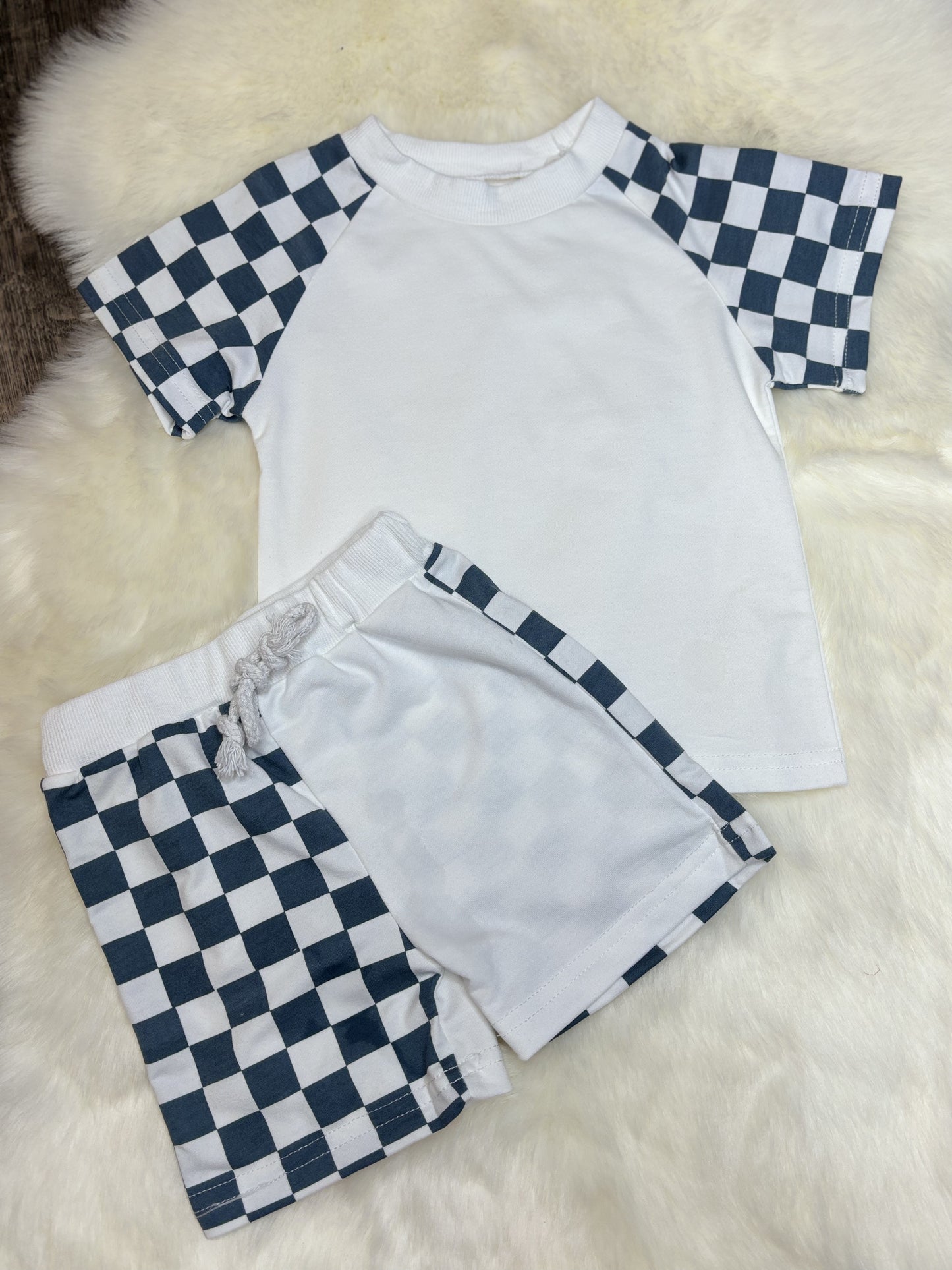 Blue & White Checkered Shorts Set