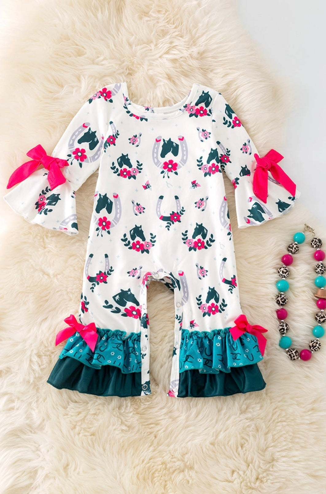Horseshoe Printed Baby Romper w/ Ruffle Hem