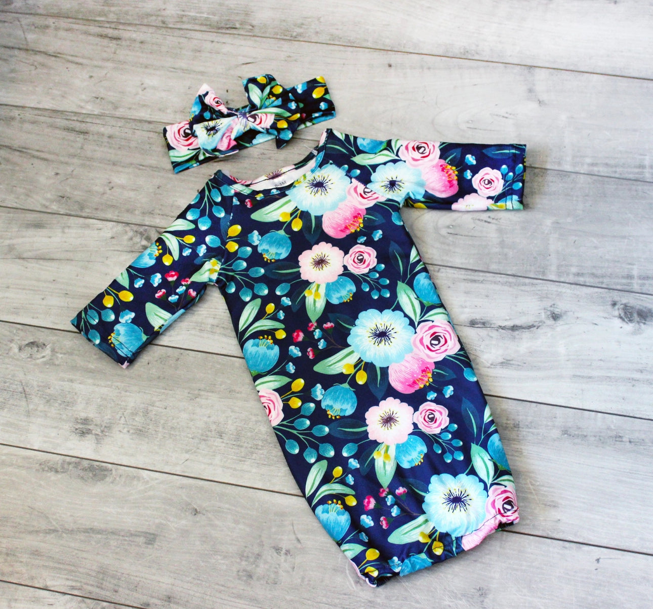 Infant Girls Navy Floral Baby Gown & Bow
