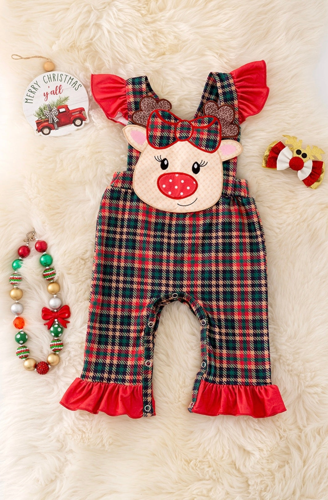 Coquette Reindeer Applique Plaid Romper