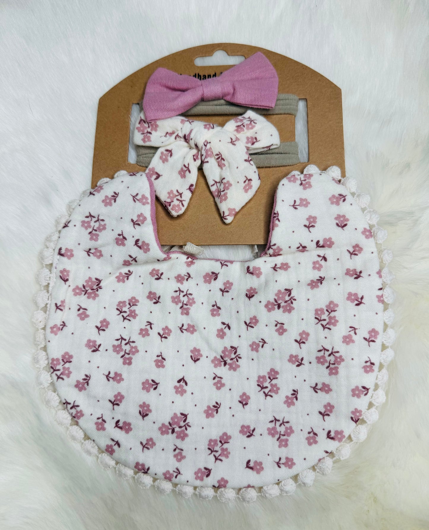 Dusty Rose Floral Reversible Bib & Bow Set