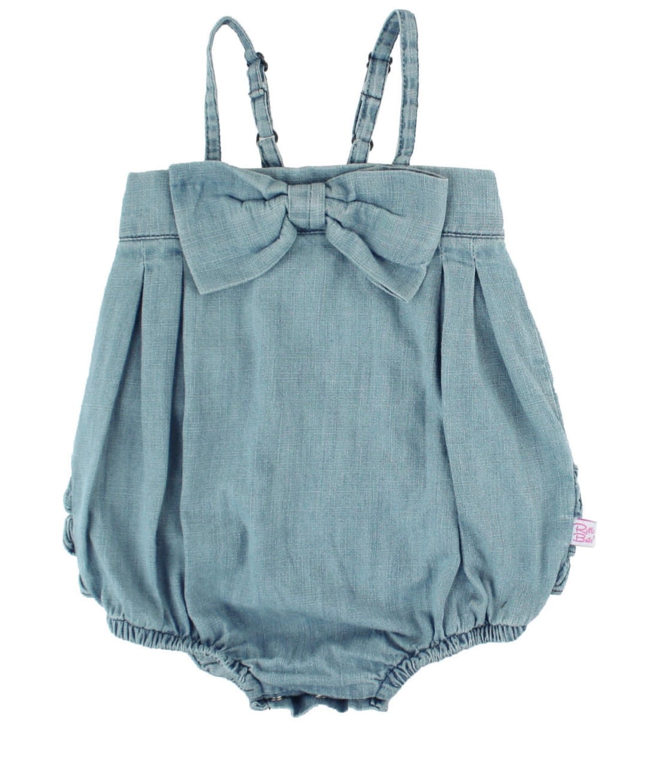 Light Wash Denim Bubble Woven Romper | Ruffle Butts