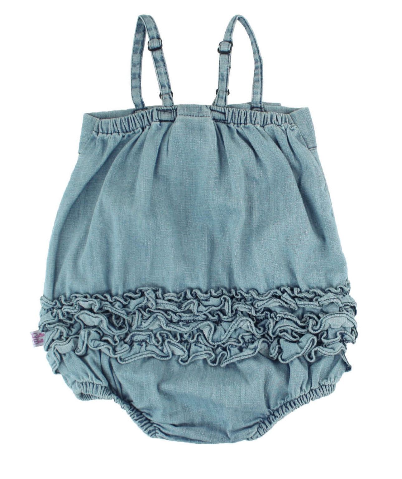 Light Wash Denim Bubble Woven Romper | Ruffle Butts