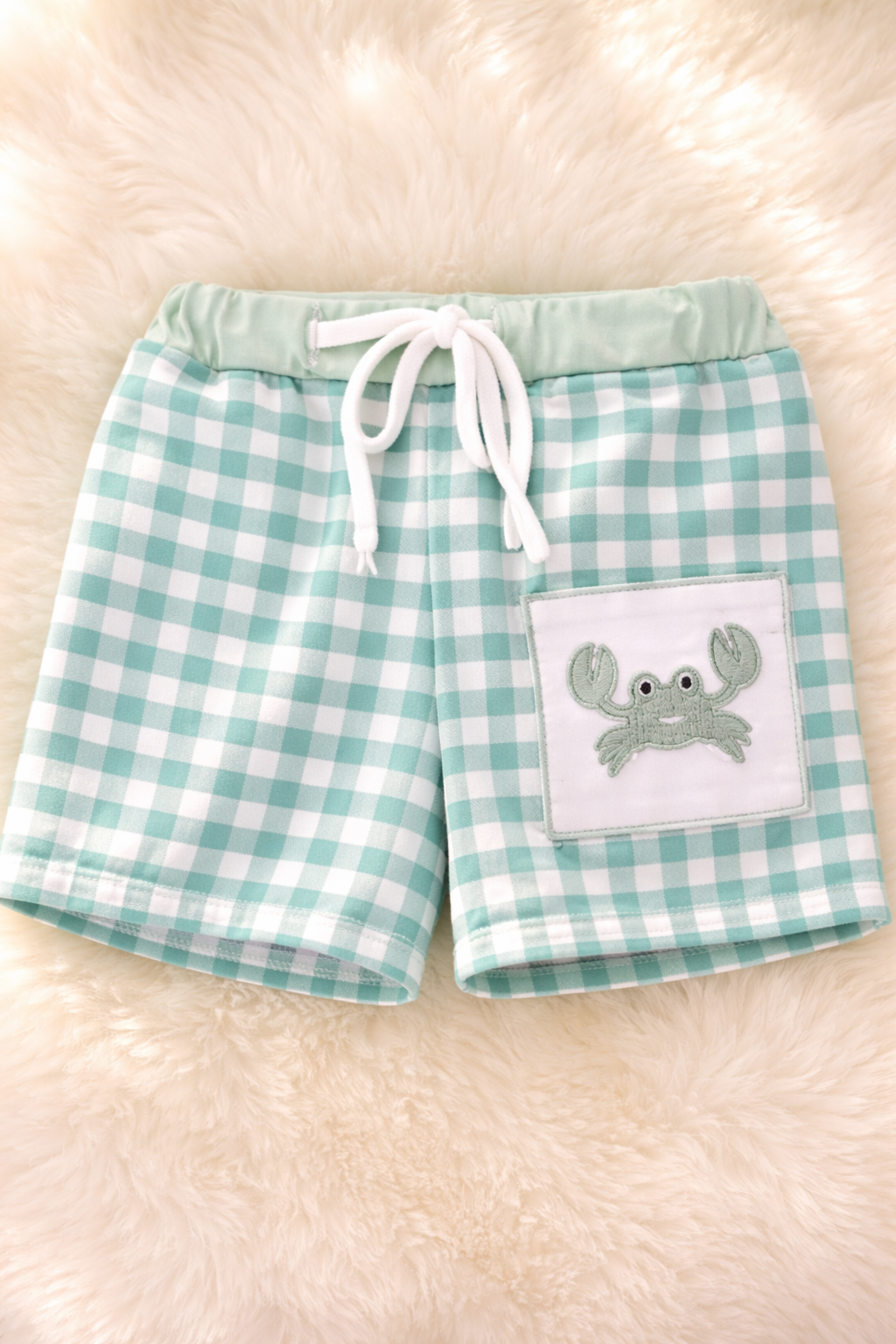 Green plaid crab embroidered swim trunks