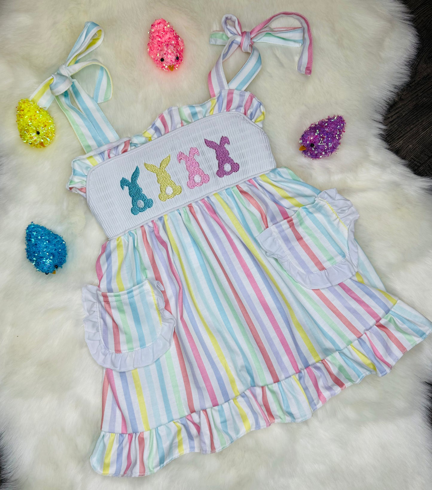 Multicolored Stripe Bunny Embroidered Smocked Dress