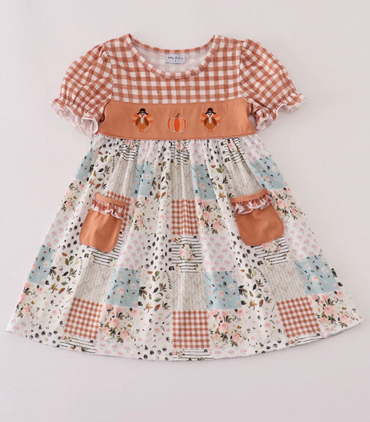 Fall Floral Print Embroidered Dress