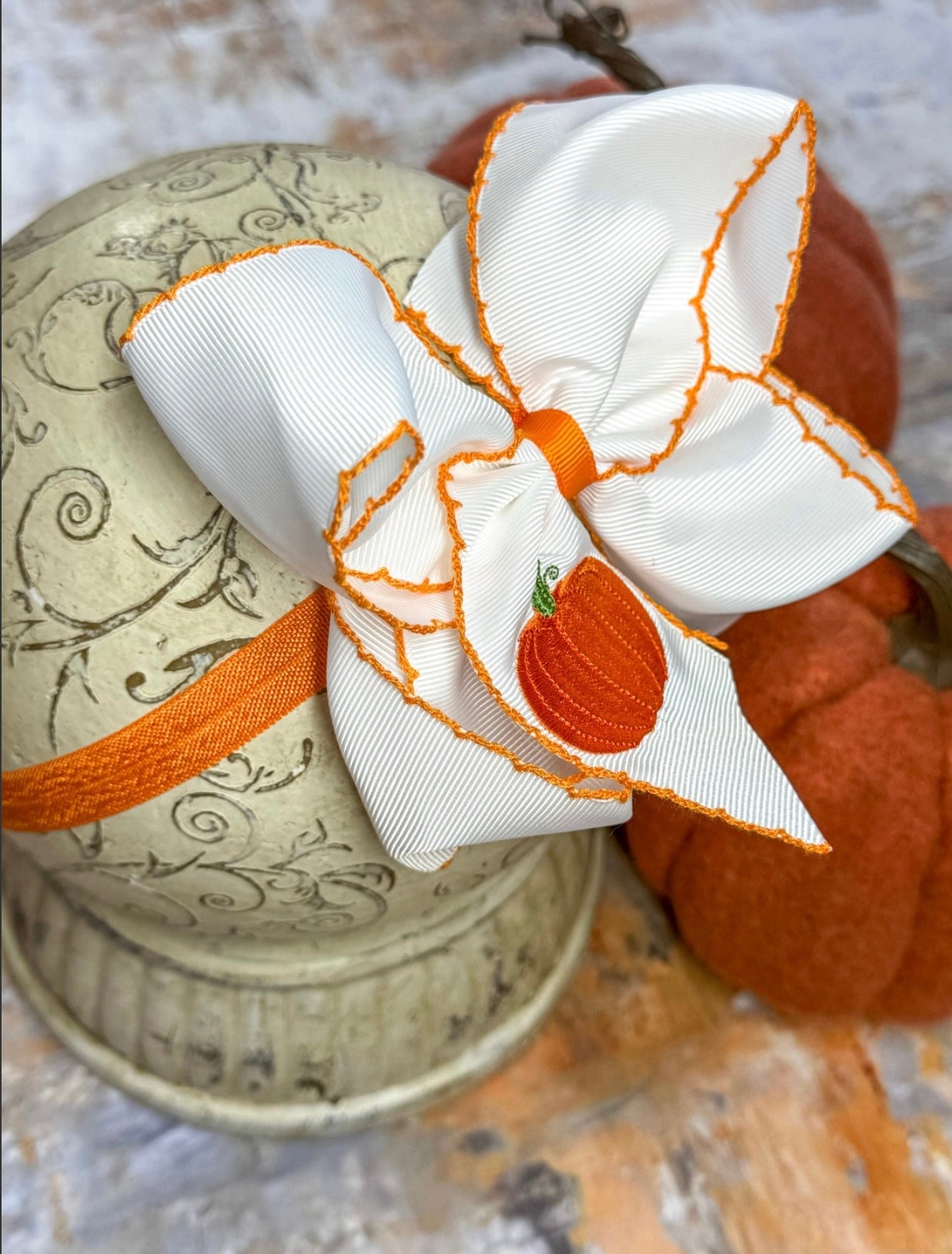 Pumpkin Embroidered Moon Stitch Bow Headband