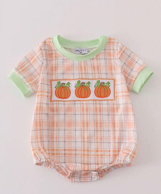 Orange Pumpkin Embroidered Plaid Bubble Romper