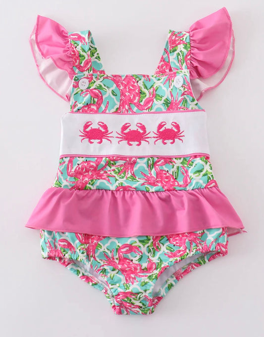 Pink Crab Embroidery One-Piece Swimsuit
