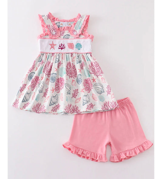 Pink Shell Embroidery Girl Set