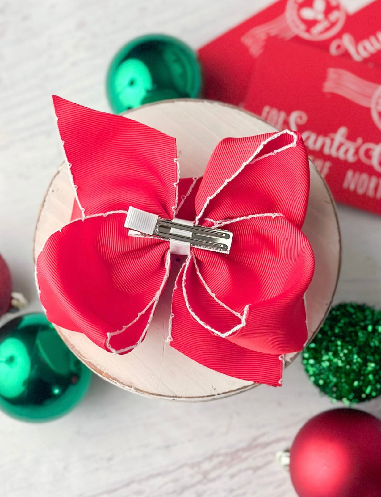 Santa Embroidered Moon Stitch Hair Bow