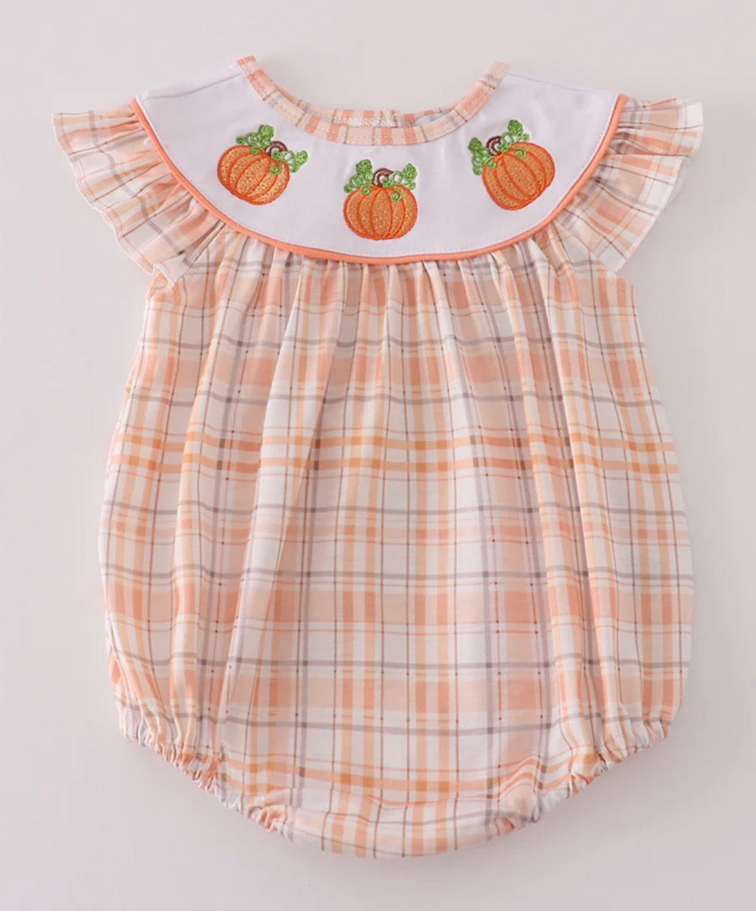 Girls Orange Pumpkin Embroidered Plaid Bubble