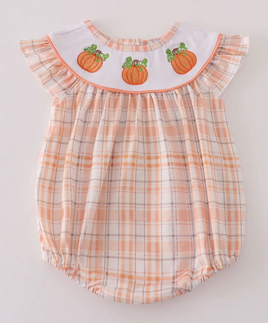 Girls Orange Pumpkin Embroidered Plaid Bubble