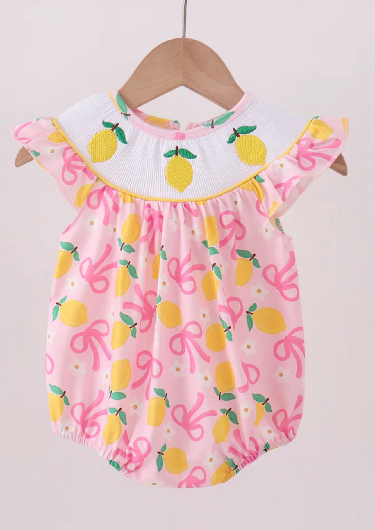 Pink Lemon Smocked Bow Print Bubble