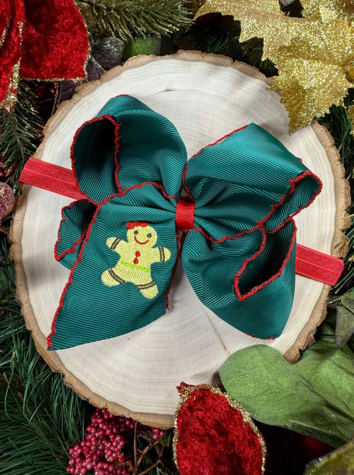 Gingerbread Embroidered Moon Stitch Bow Headband