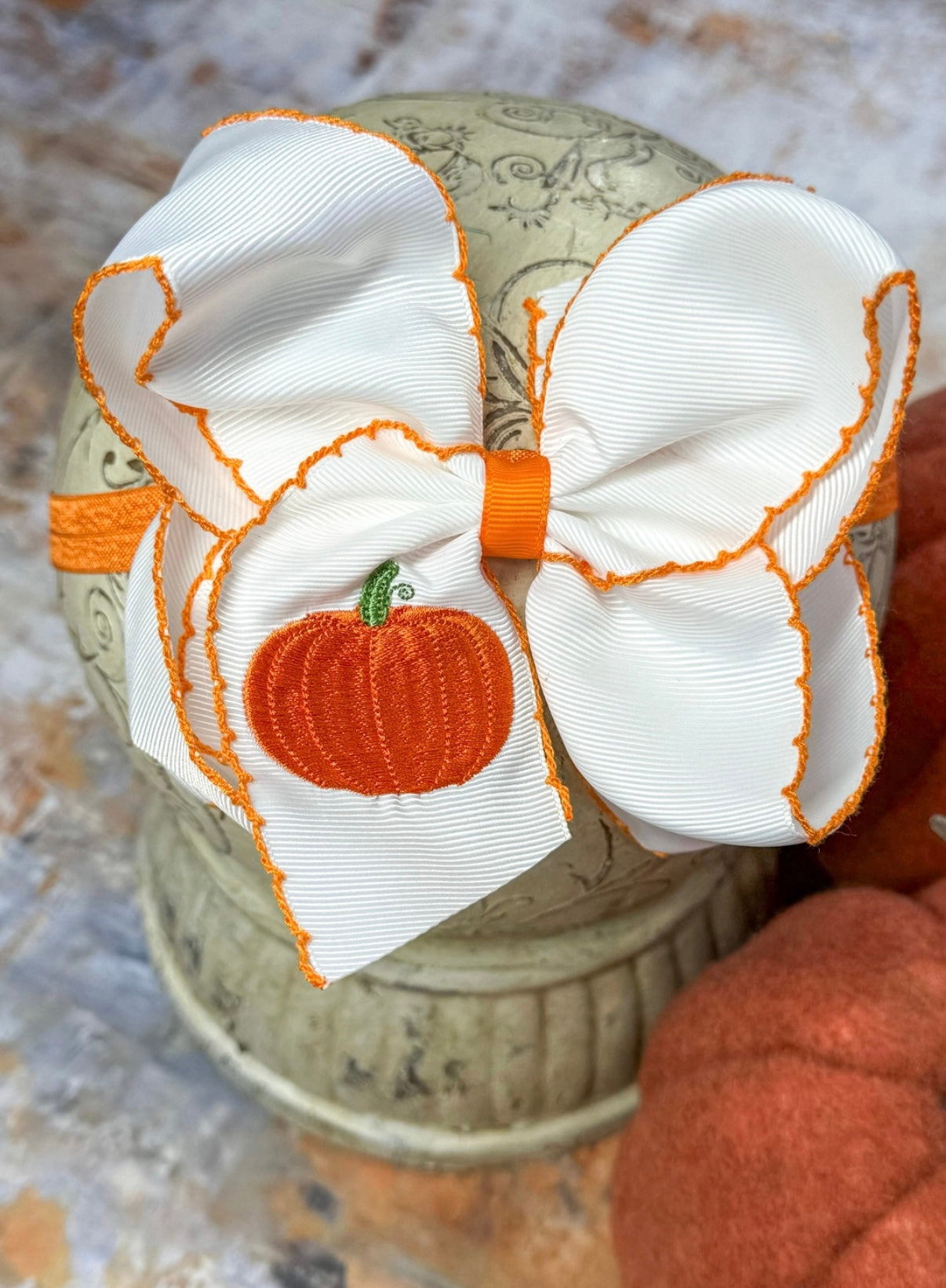 Pumpkin Embroidered Moon Stitch Bow Headband