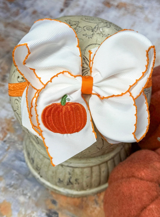 Pumpkin Embroidered Moon Stitch Bow Headband