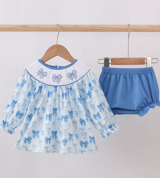 Blue Bow Smocked Bloomer Set